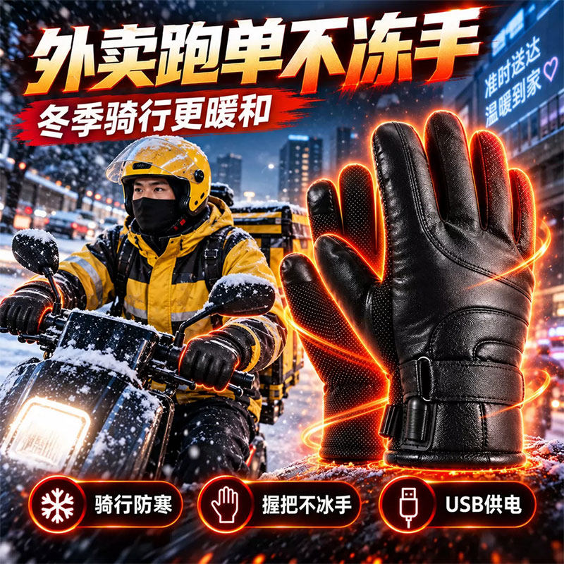 骑手专用电动车加热手套USB冬季骑行送外卖保暖发热手套防水防寒