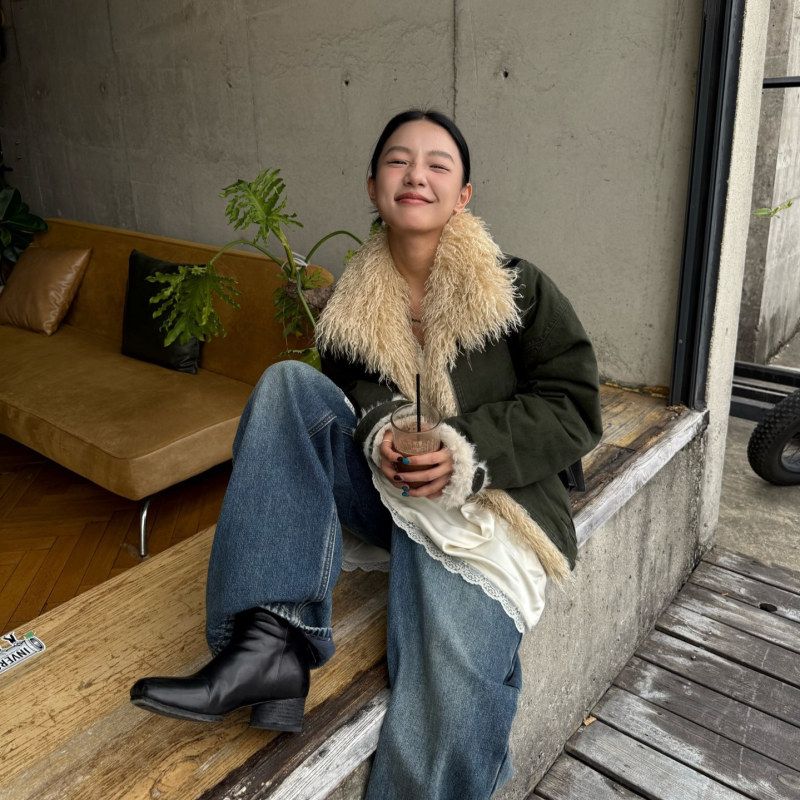 IN.choose u 笑笑家2025冬韩系都市宽松加厚毛毛领派克服牛仔外套