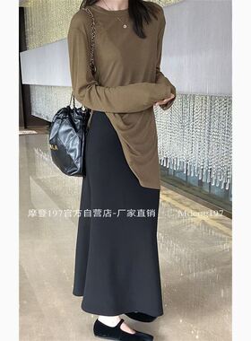 十三行摩登197高级感黑色鱼尾半身裙女2025春高腰包臀A字裙71005
