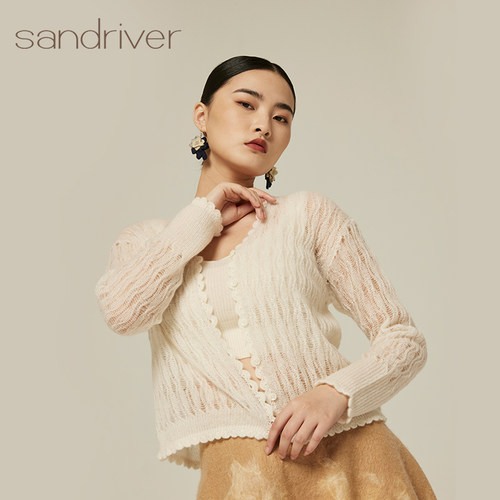 sandriver纯色针织V领羊绒开衫
