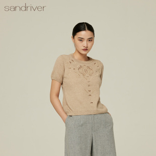 针织毛衣纯山羊 沙涓sandriver羊绒桑蚕丝真丝刺绣圆领短袖 女套衫