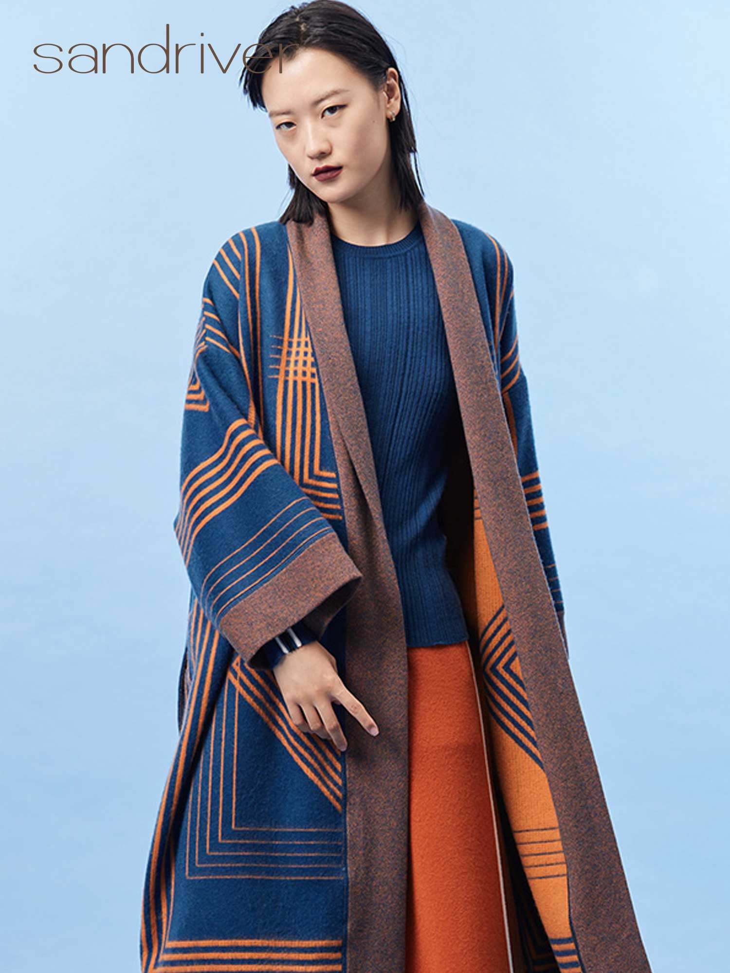 sandriver原创设计女装青果领羊绒提花外套大衣冬中长款