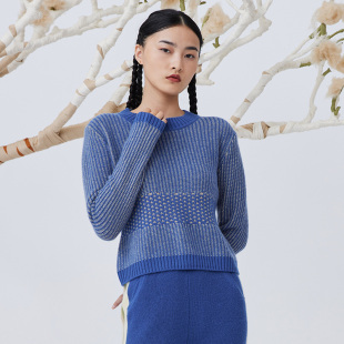 沙涓Sandriver圆领双色提花羊绒女套衫 针织背心女显瘦毛衣内搭 袖