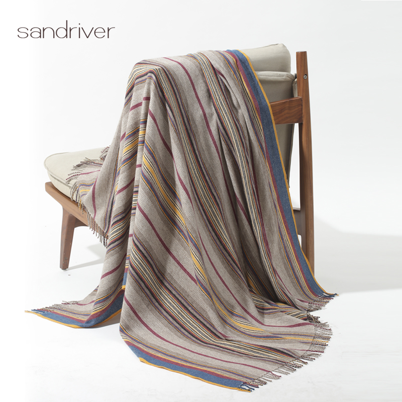 sandriver沙涓青海手工艺术个性民族休闲流苏氆氇撞色竖纹披肩