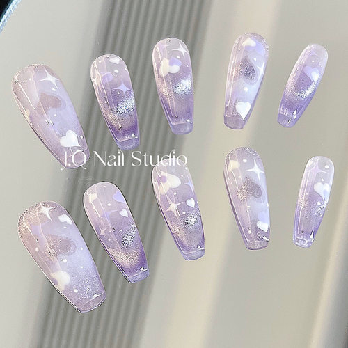 JQ穿戴甲紫色猫眼爱心少女美甲