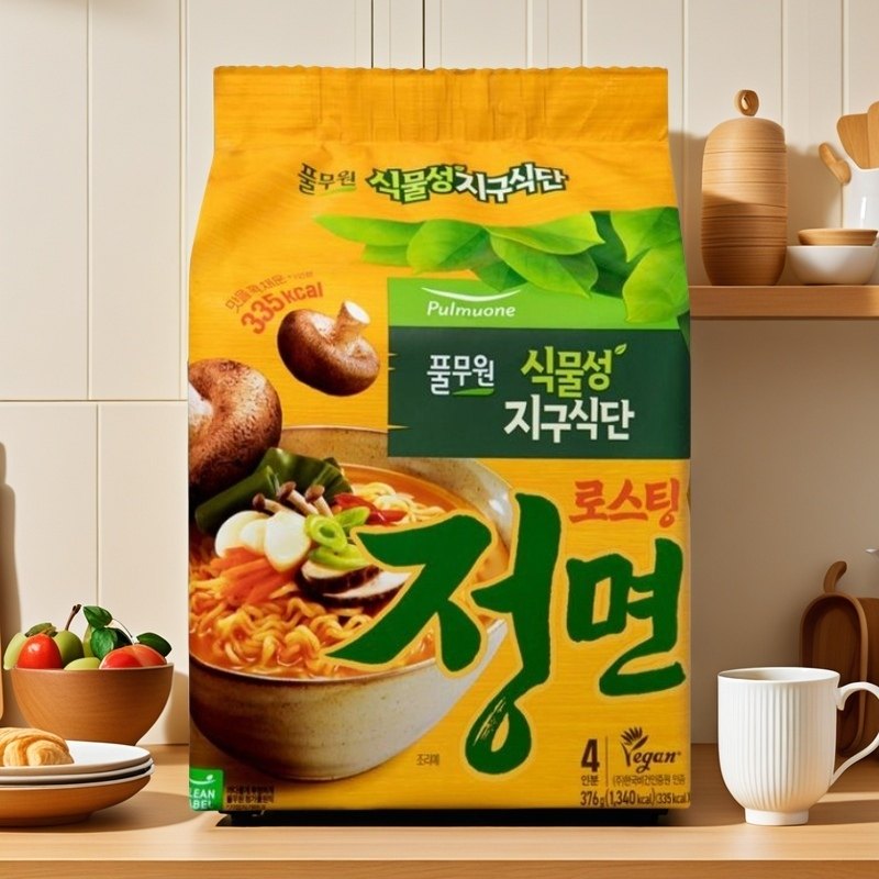 韩国Pulmuone素食蘑菇热汤拉面（微微辣）94G*4袋包装无肉类成份