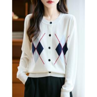 JOYIASS法式撞色圆领针织开衫女菱形格宽松毛衣外套减龄miu系外搭