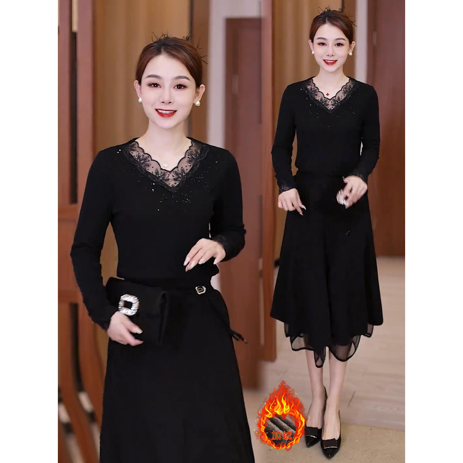 JOYIASS欧货重工烫钻蕾丝花边长袖T恤女修身显瘦2025秋冬新款加绒