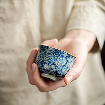 青花茶杯子个人女专用主人杯小号复古品茗杯日式禅意陶瓷单杯