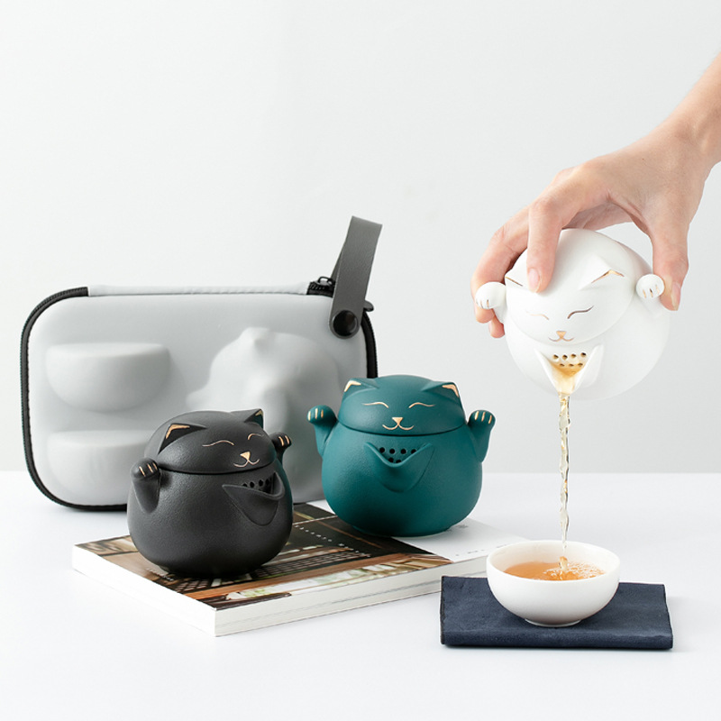 可爱猫一壶二杯旅行茶具式户外游包随身功夫泡茶壶茶杯快客杯