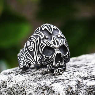 FuGui 雕花骷髅戒指男潮嘻哈个性复古欧美维京霸气单身食指环潮牌