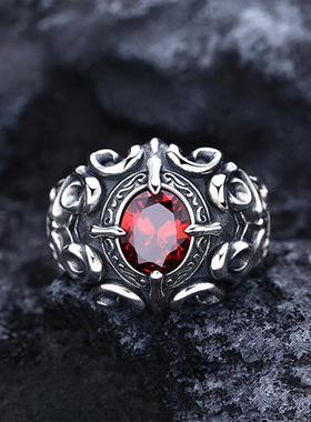 复古做旧风石榴石十字军花格时尚戒指男女士款小众设计欧美风指环