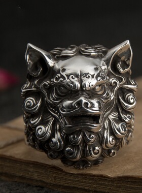 FuGui原创设计复古唐狮子中国风戒指个性霸气男款做旧开口指环ins