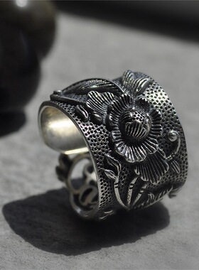 FuGui 宝相花戒指男女复古扳指宽戒小众个性活口手工情侣开口指环