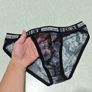 新款男士三角内裤透明网纱花纹性感内裤低腰高叉运动透气三角裤男