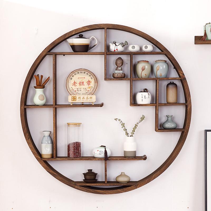 圆形博古架实木中式壁挂式多宝阁挂墙茶壶架子置物架隔断仿古董架