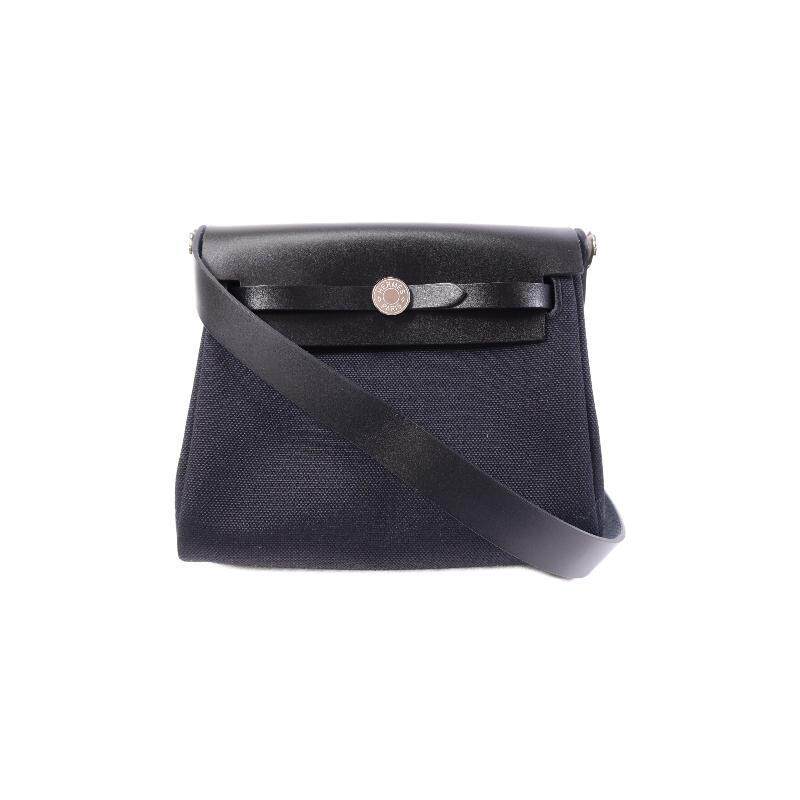 中古Hermes爱马仕女包S级99新Herbag帆布单肩包黑色