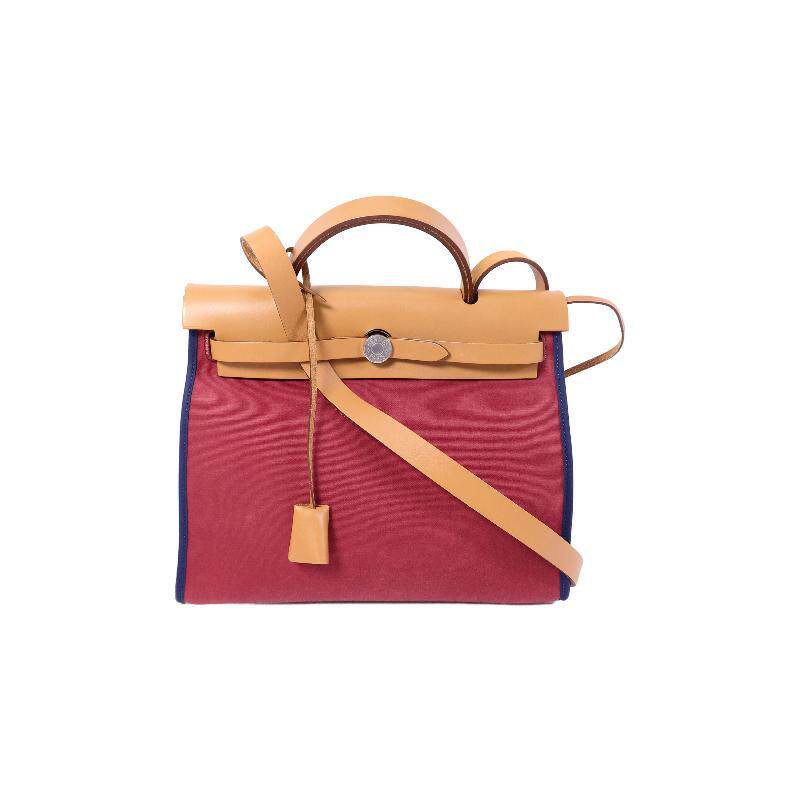 中古Hermes爱马仕女包B级9新Herbag PM帆布斜挎包红色