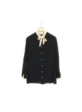 中古Gucci古驰女B级9新blouse女士衬衫丝绸上衣黑色