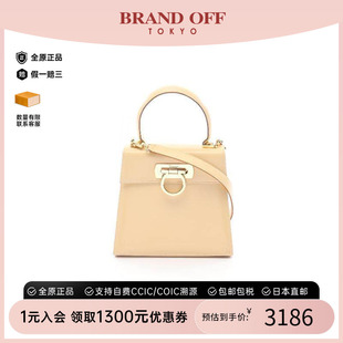中古Ferragamo菲拉格慕女包B级9新Gancini博物館牛皮斜挎包浅褐色