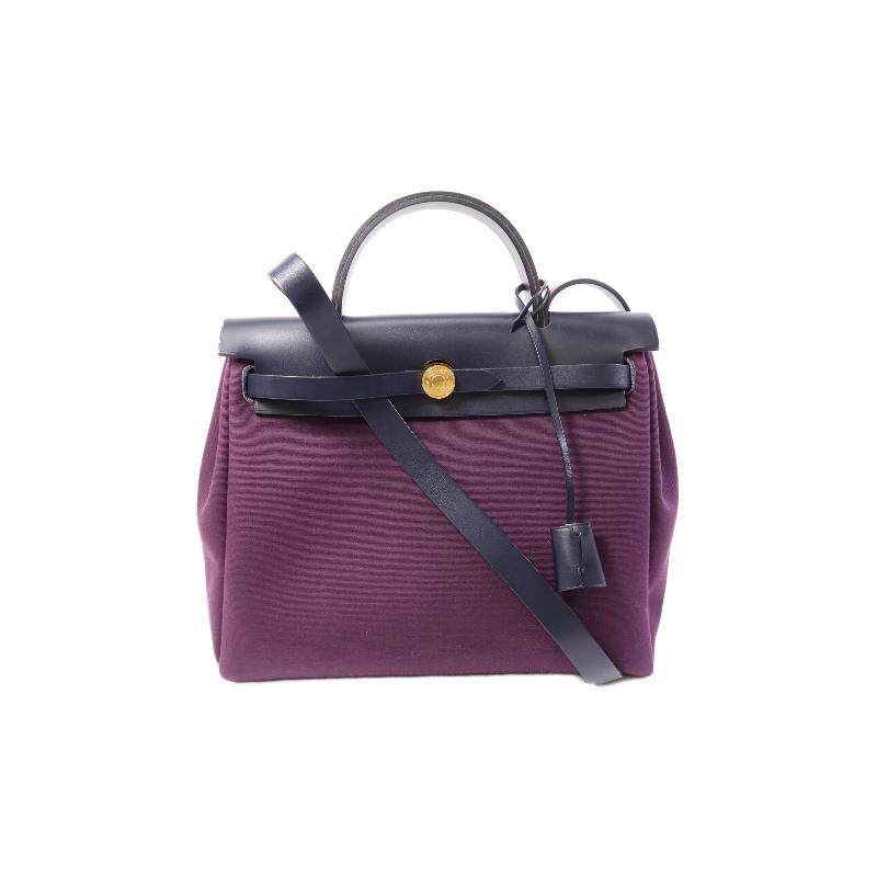 中古Hermes爱马仕女包A级95新Herbag PM帆布斜挎包紫色正品时尚