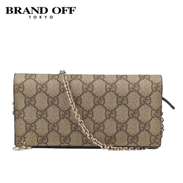 中古「85新」GUCCI(古驰)双G吊饰米色/棕色GG SUPREME链条钱包