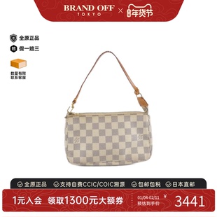 中古LV路易威登女包B级9新 Pochette Accessoires白棋盘格手提包