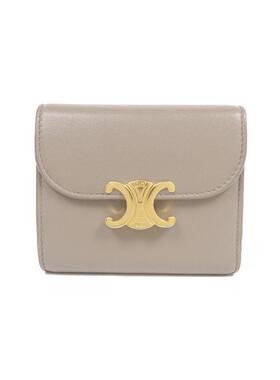 中古Celine赛琳女B级9新trifold wallet三折钱包牛皮短钱包灰色