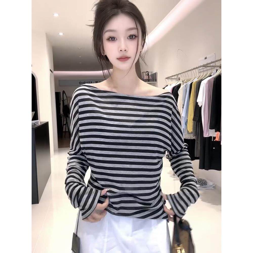 JOYIASS2025黑白条纹一字肩长袖T恤女春秋新款小个子时尚气质露肩