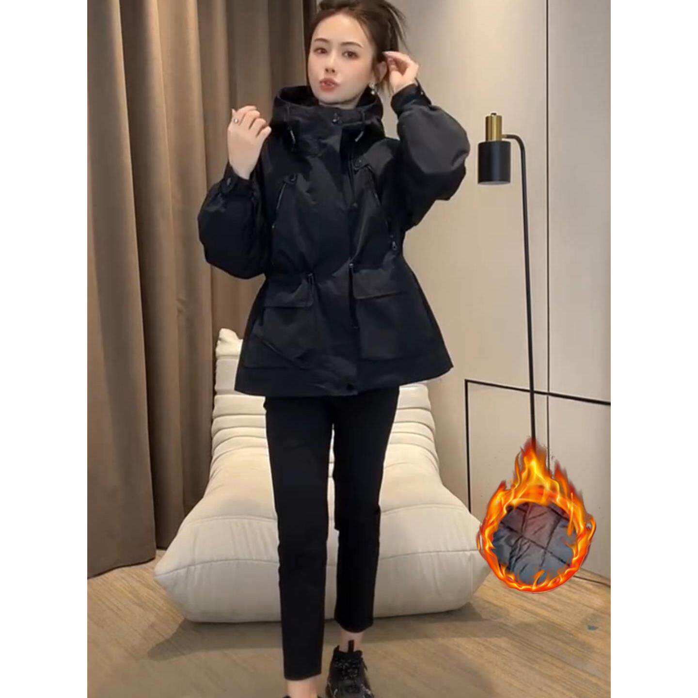 JOYIASS外套女2025秋冬新款休闲风衣胖mm显瘦设计感连帽保暖中长