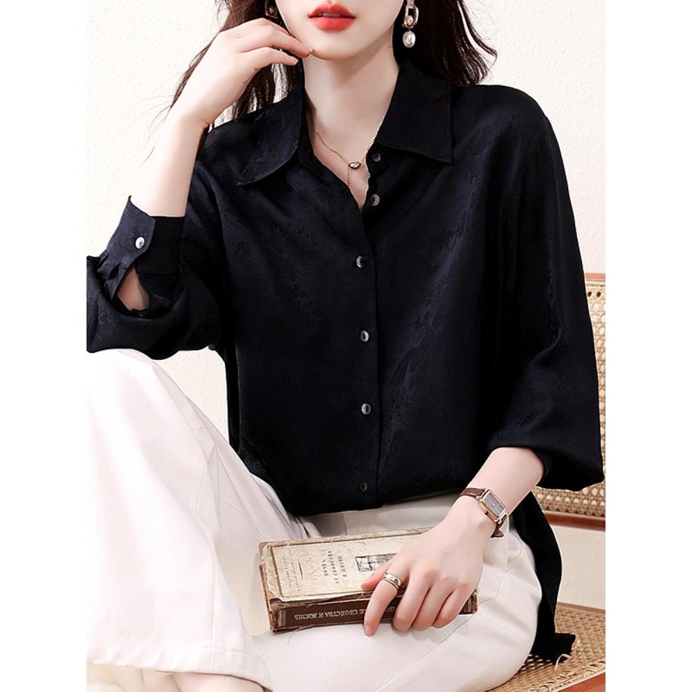 JOYIASS暗纹黑色衬衫女秋装叠穿宽松慵懒风垂感大码衬衣