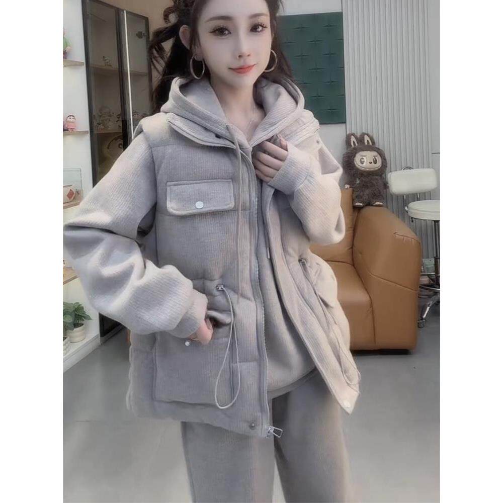 JOYIASS2025秋冬新款女士欧货减龄连帽加绒卫衣外套马甲高腰阔腿