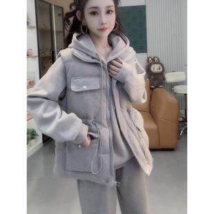 JOYIASS2025秋冬新款女士欧货减龄连帽加绒卫衣外套马甲高腰阔腿