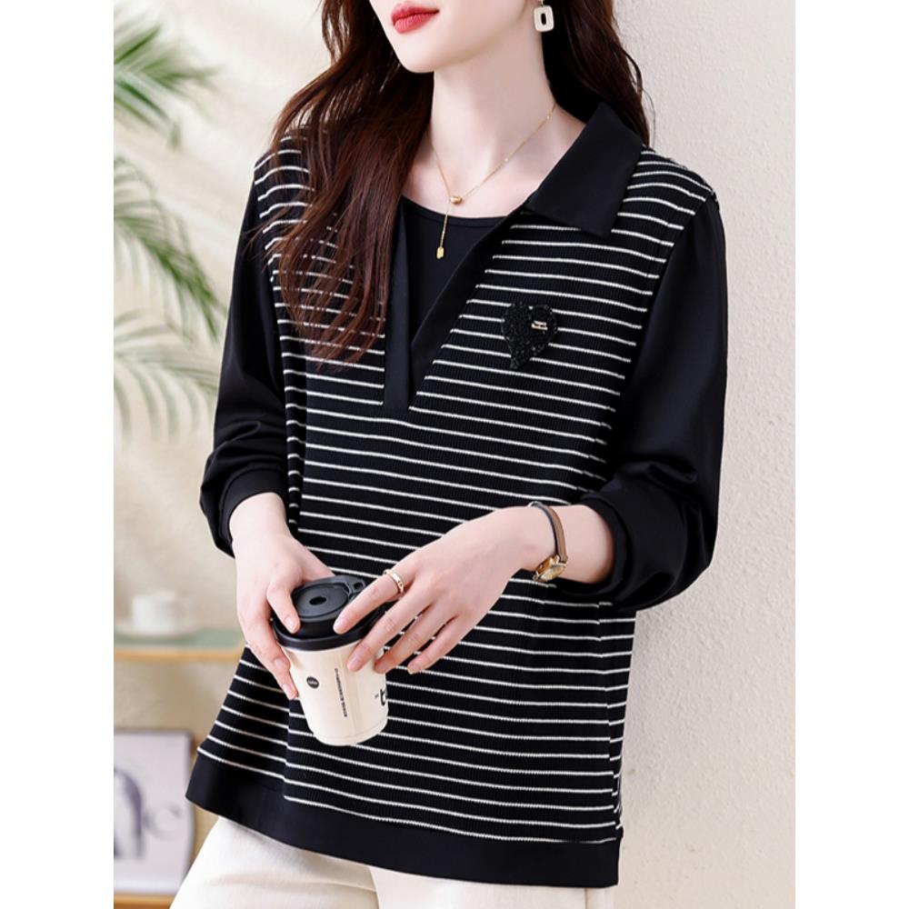 JOYIASS休闲条纹卫衣女2025年秋季新款POLO衫上衣大码女装