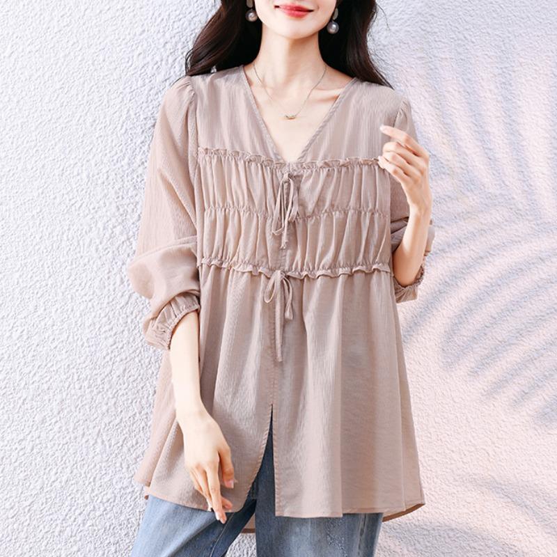 JOYIASS微胖女装法式温柔风系带上衣女2025秋季百搭减龄气质衬衫