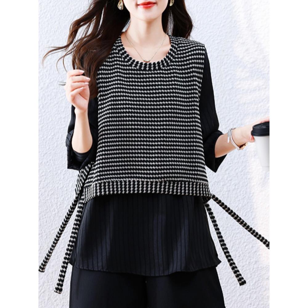 JOYIASS假两件条纹拼接衬衫2025秋季宽松休闲百搭时尚长袖上衣女