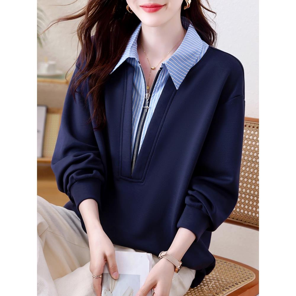 JOYIASS休闲翻领假两件卫衣女2025秋新款小衫大码宽松上衣