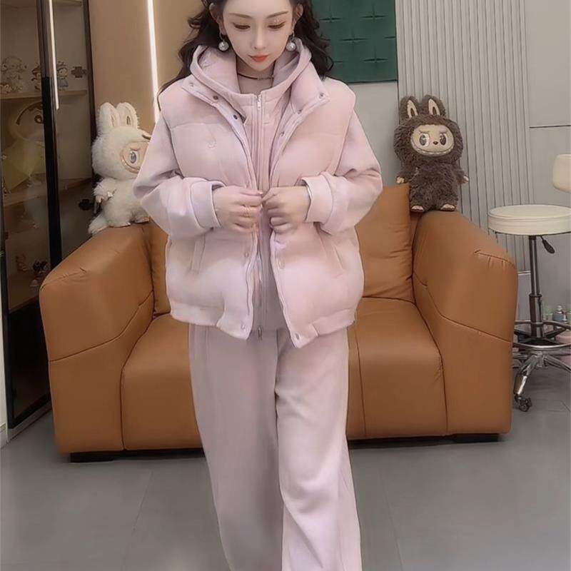 JOYIASS套装女2025秋冬季新款加厚保暖长袖连帽卫衣马甲阔腿裤时