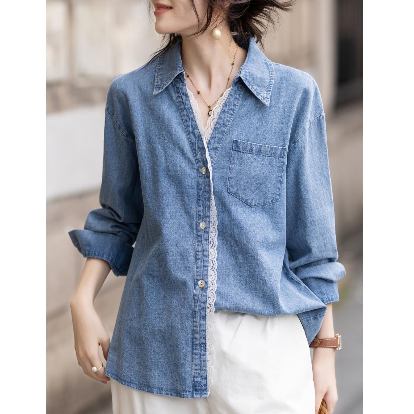 JOYIASS大码女装牛仔衬衫女2025秋装新款设计感拼接蕾丝花边上衣