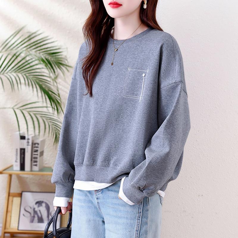 JOYIASS韩版刺绣假两件圆领短款卫衣女2025秋冬宽松显瘦时尚上衣