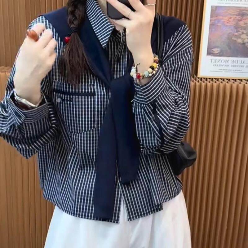 JOYIASS巨好看的长袖蓝色格子衬衫女2025春秋新款高级感洋气减龄
