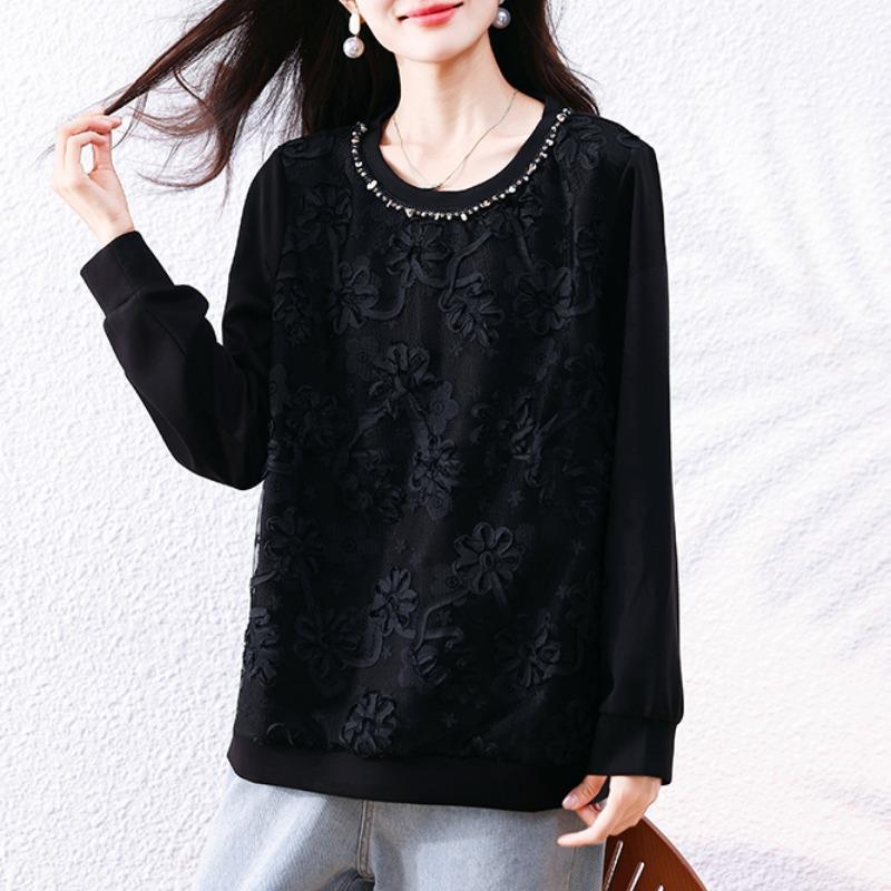 JOYIASS时尚蕾丝黑色圆领卫衣2025秋季新款宽松上衣欧货大码女装