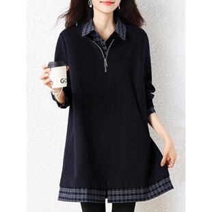 JOYIASS休闲翻领假两件卫衣2025秋季新款中长款上衣欧货大码女装