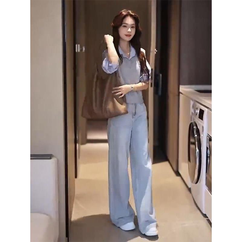 JOYIASS气质一整套ootd穿搭2025春秋假两件衬衫领针织上衣牛仔裤