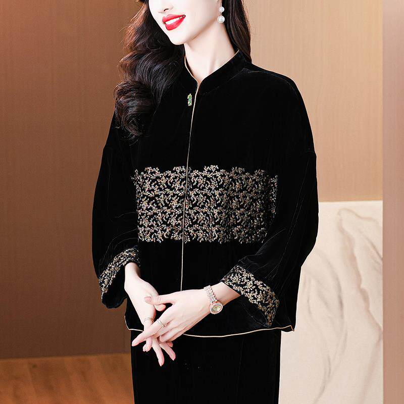 BLLOUKE新中式显瘦丝绒外套女春秋2024新款秋季外搭女士宽松妈妈