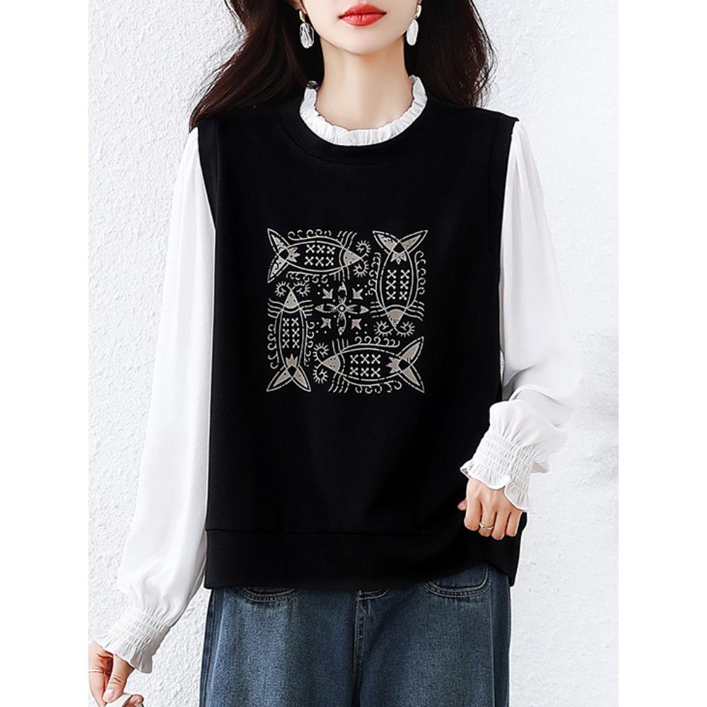 JOYIASS印花假两件针织衬衫2025秋季新款木耳领拼接长袖百搭上衣