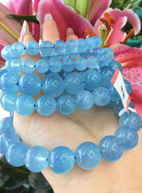天然海蓝宝手链冰儒种天空蓝水晶饰品单圈圆珠手串女工厂
