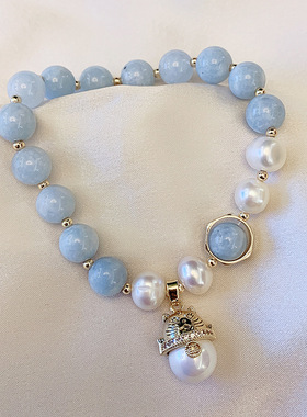 海蓝宝手链女ins设计淡水珍珠手串微镶猫手工手饰品