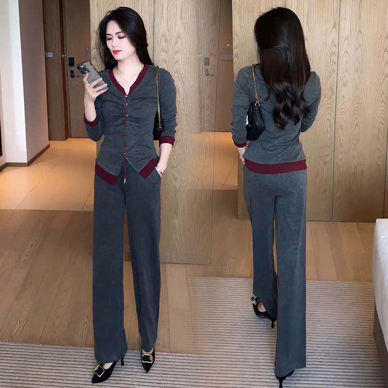 bllouke时尚休闲套装女秋装新款洋气假两件撞色v领t恤上衣阔腿裤