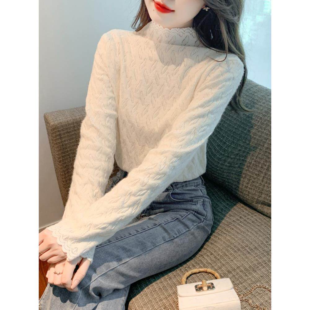 JOYIASS加绒加厚蕾丝上衣女秋冬巨好看的高级感独特漂亮半高领内
